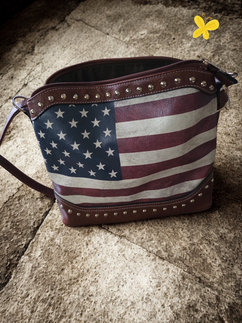 American Flag Studded Crossbody Bag - Brown, Red, White, Blue